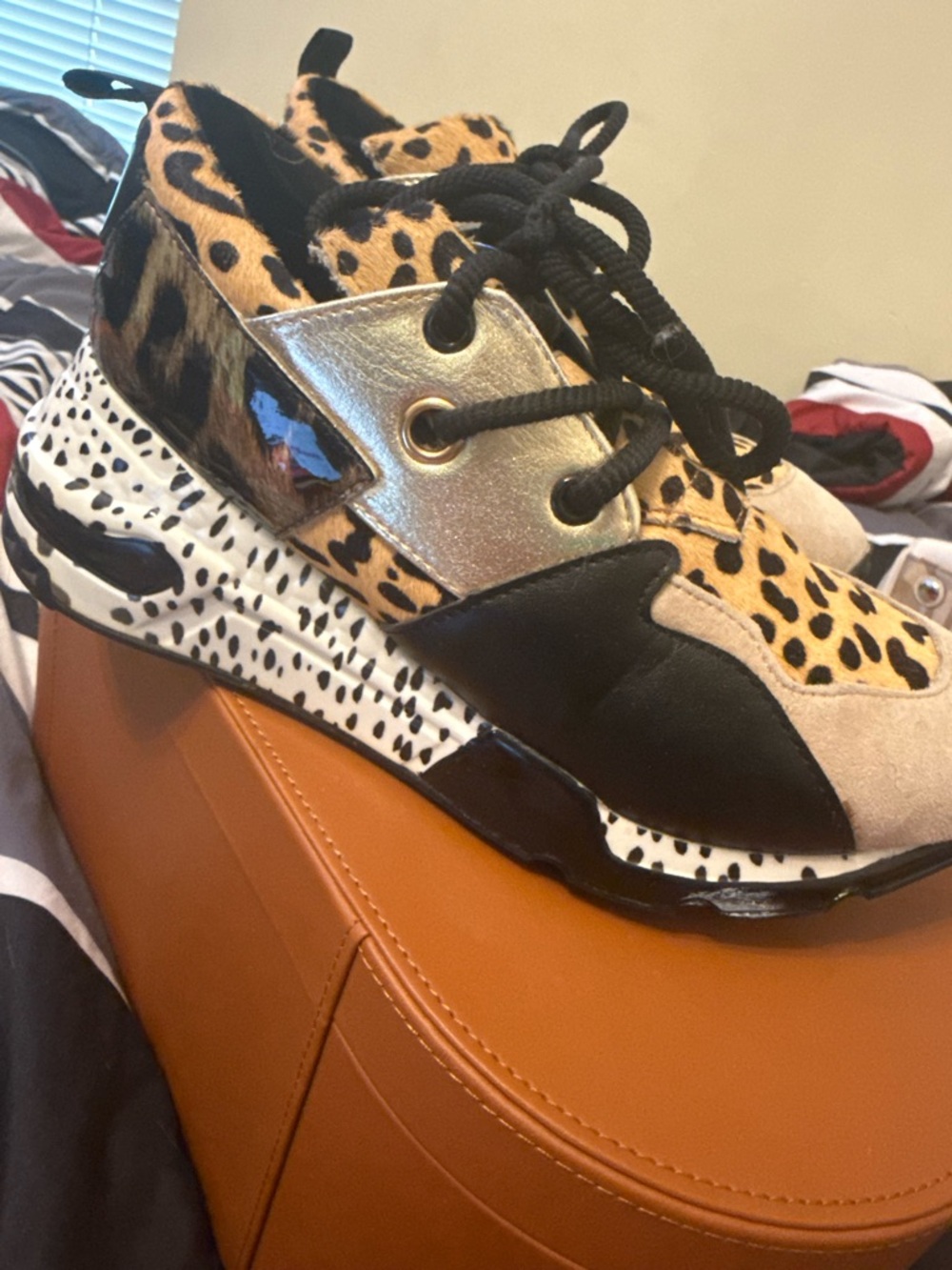 Steve Madden Leopard & Metallic Gold Lace-Up Sneakers